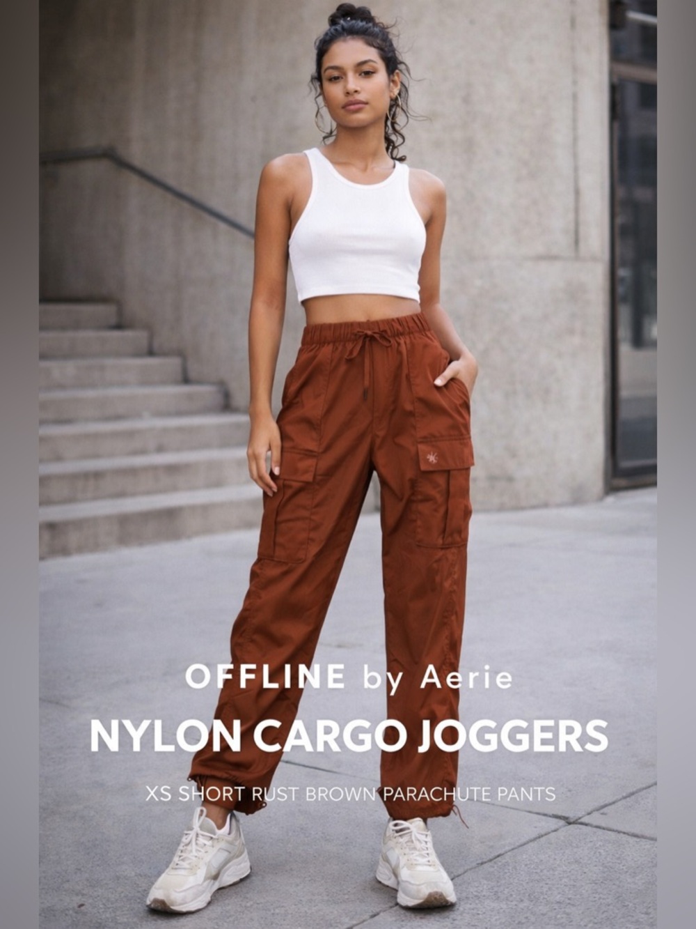 OFFLINE by Aerie Nylon Cargo Joggers XS Short Rust Brown Parachute Pants